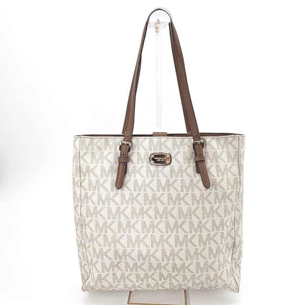 Michael Kors Tote Bag Womens Large Cream Grey Monogram Adjustable Straps Fair